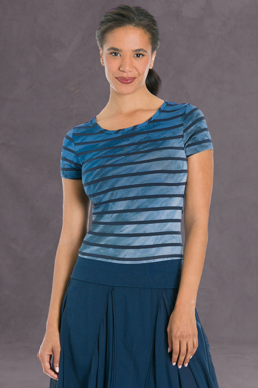 Women | Nautical Stripe Drape Back Tee | Diagonal Rainbow Horizon 6