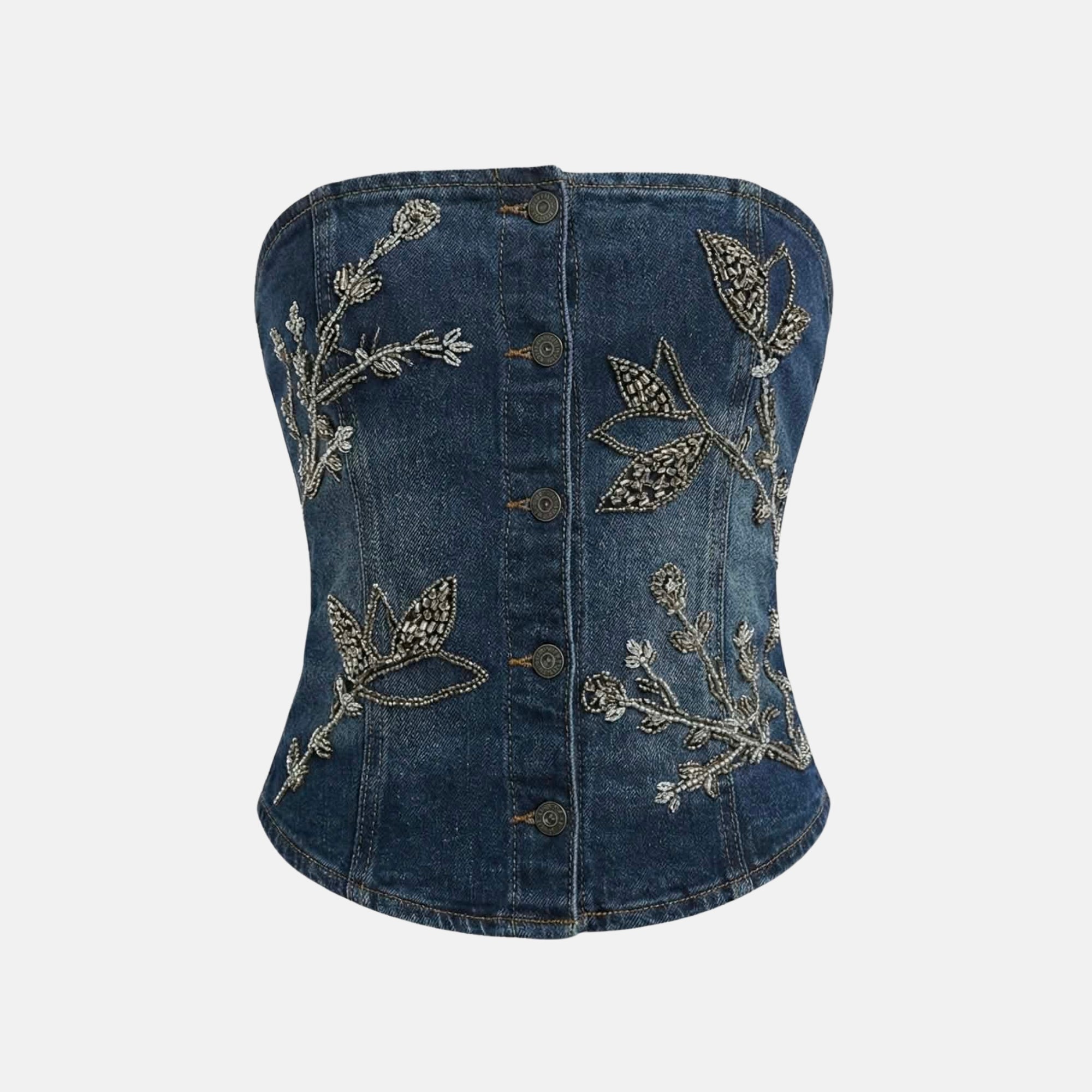 OW Collection NOVA Embellished Denim Top Top 205 - Dark Wash Denim