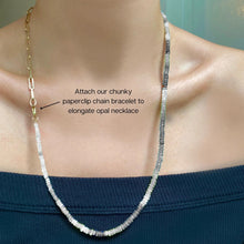 Opals paired with a chunky paperclip chain bracelet to create a part opal, part chain link necklace.