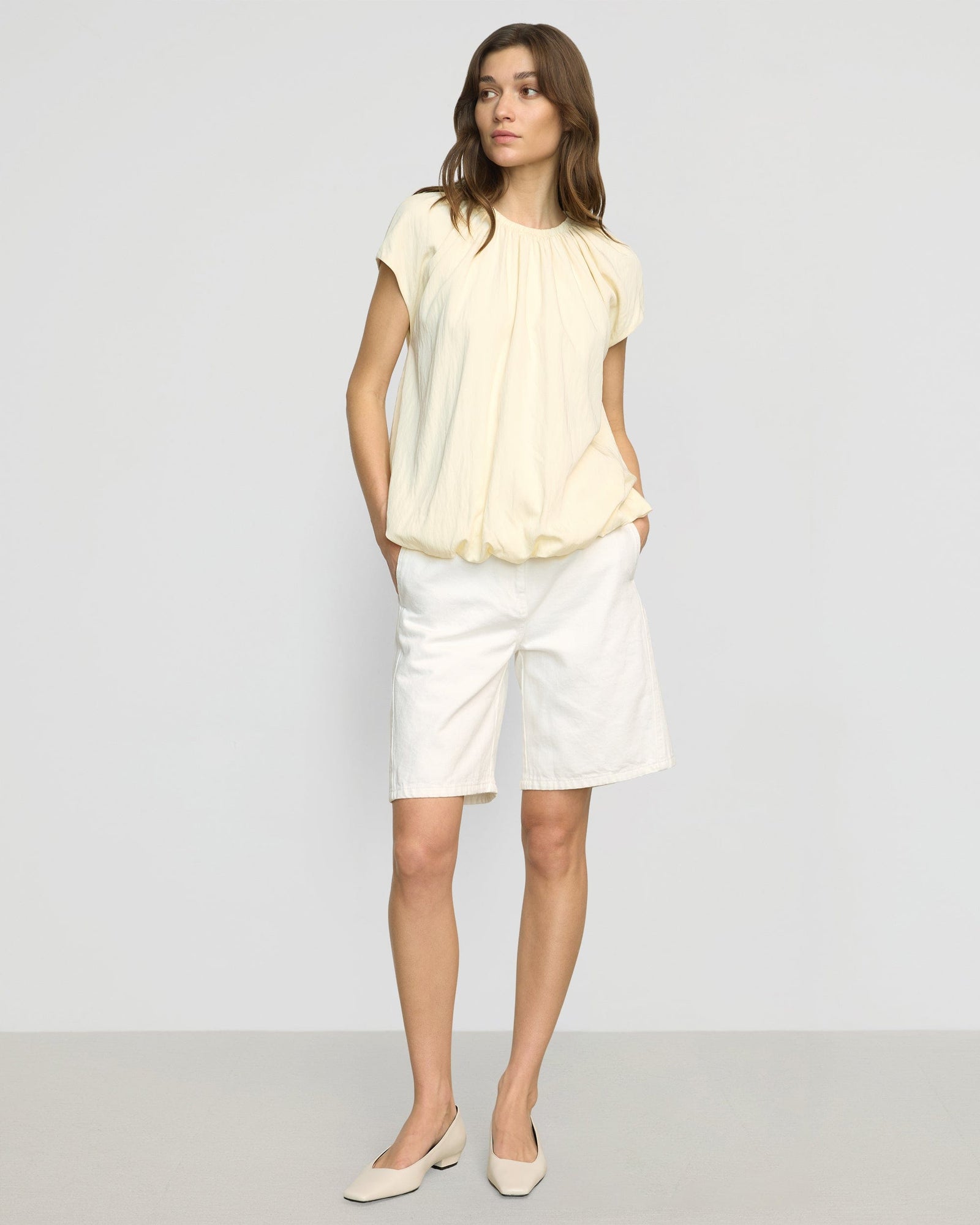 Renee | Orinda Shirred-Neck Bubble-Hem Blouse in Size Small
