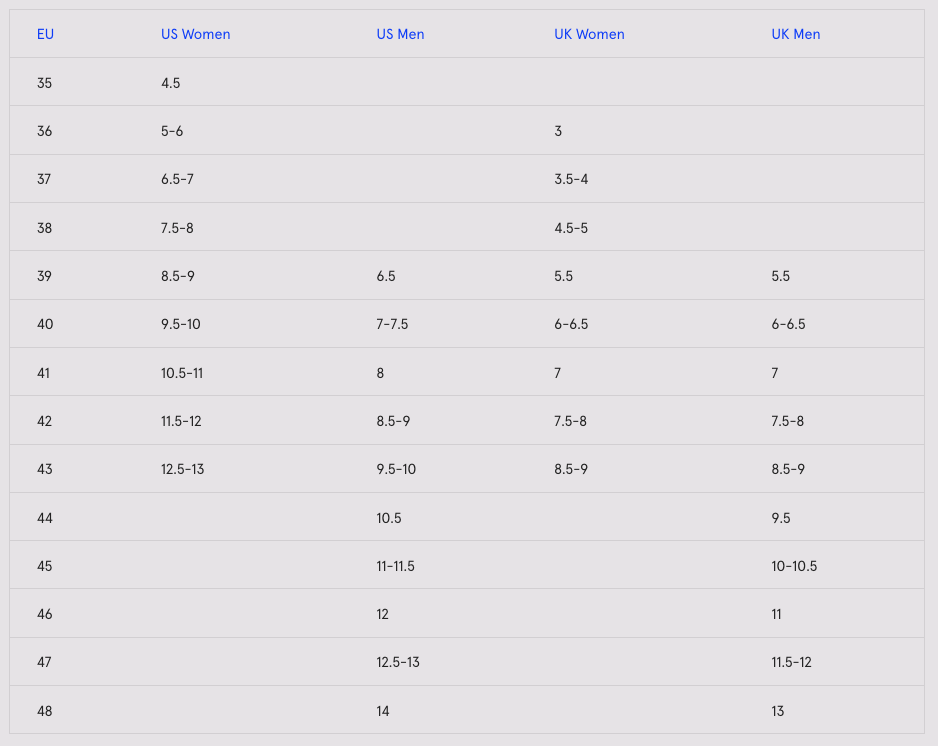 Product size guide