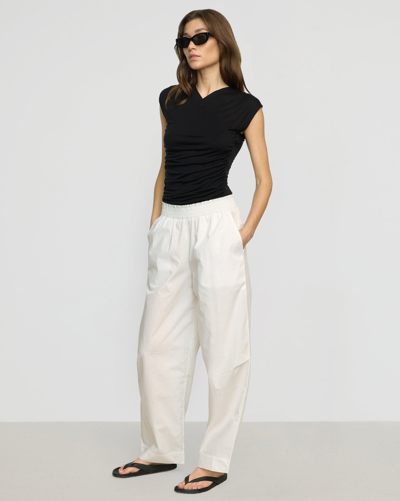 Paula Smocked-Waist Organic Cotton Pant | Soft White