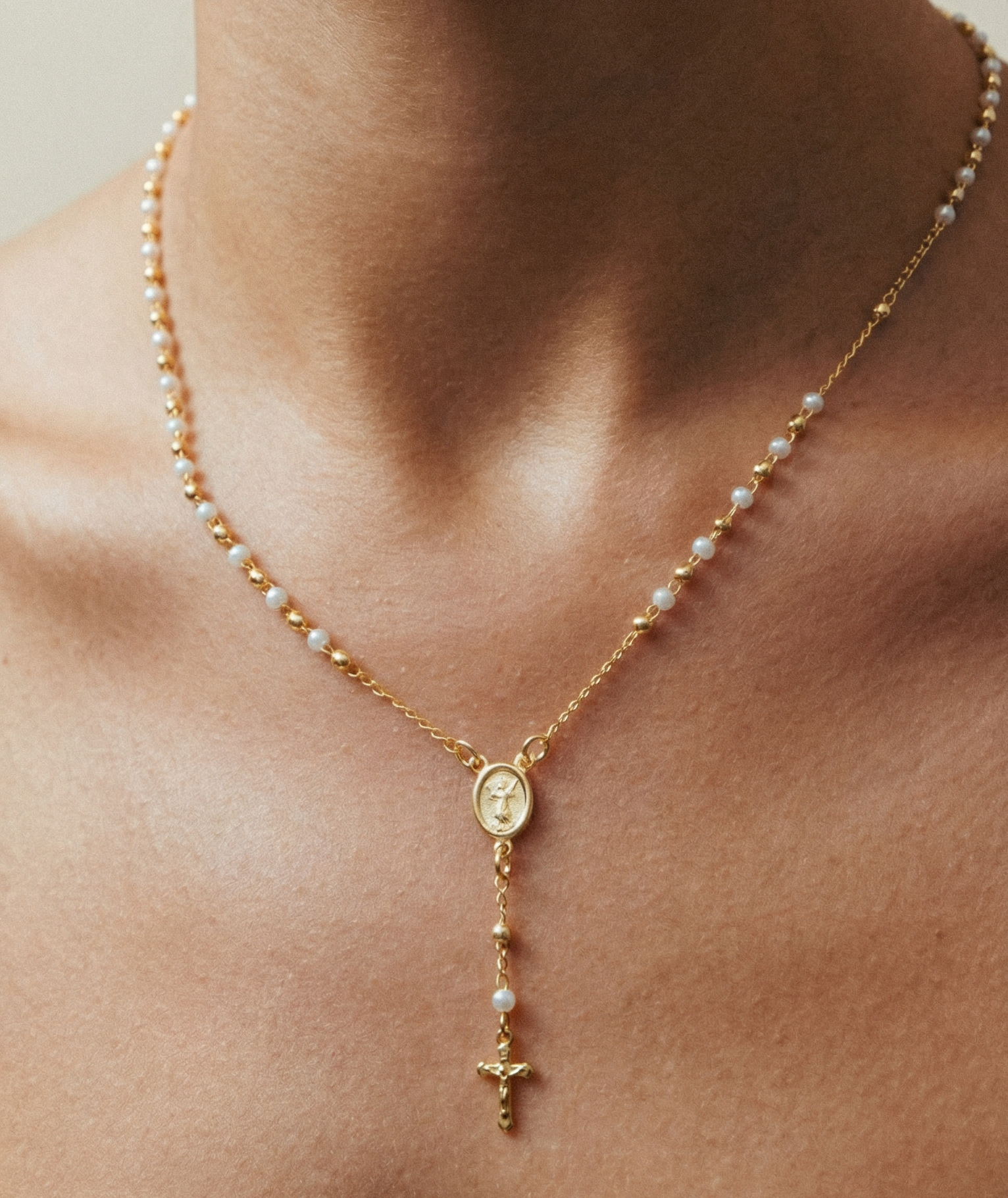 The Pearl Mary Rosary Cross Necklace | Gold