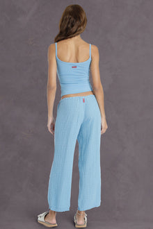 Women | Puckered Gingham Fly Front Linen Skipper | Sky