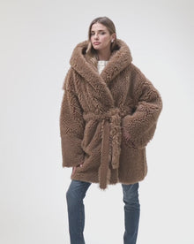 Curly Shearling Lamb Reversible Parka, Belt | Camel/Camel