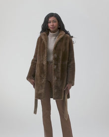 Reversible Shearling Lamb Jacket With Embroiderd Trim, Belt | Camel/Camel