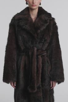 Model is Wearing the Nour Hammour Uma Plush Shearling Coat Brown Marble - Video Close-Up