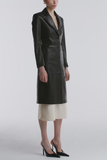 Model is wearing the Nour Hammour Eames Grand Leather Coat Black - Video