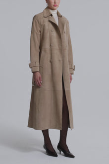 Model is Wearing Nour Hammour Tate Tailored Suede Trench Sable - Video