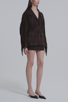 Model is wearing Nour Hammour Cassidy Oversized Suede Fringe Jacket Mocha - Video