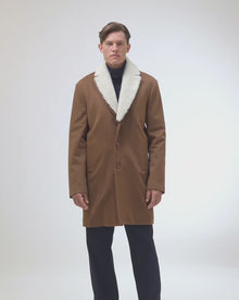 Men | Loro Piana Wool Short Coat With Merino Shearling Lamb Trim | Whiskey/White