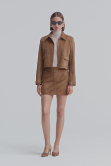 Model is Wearing the Nour Hammour Bleeker Fitted Suede Jacket Tobacco - Video