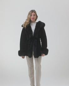 Textured Shearling Lamb Reversible Parka With Merinillo Shearling Lamb Hood Trim, Tuxedo, Cuffs & Belt | Black/Black