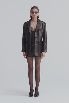 Model is wearing Nour Hammour Cass Tailored Leather Jacket Espresso - Video