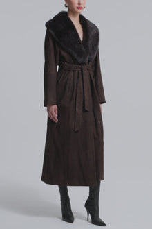 Model is Wearing Nour Hammour Briona Luxurious Suede Coat Mocha - Video