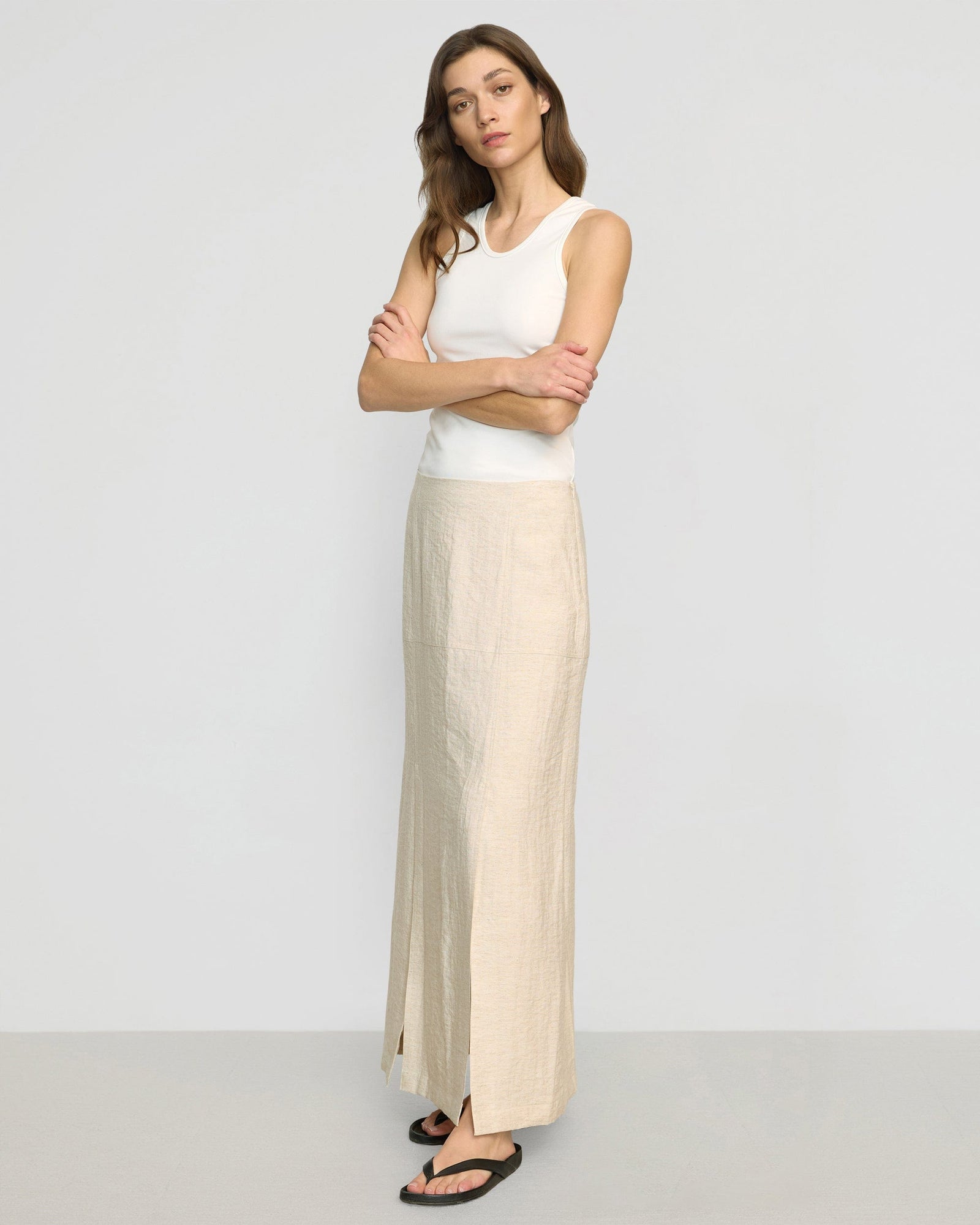Ranni Front-Vent Linen-Blend Skirt | Natural