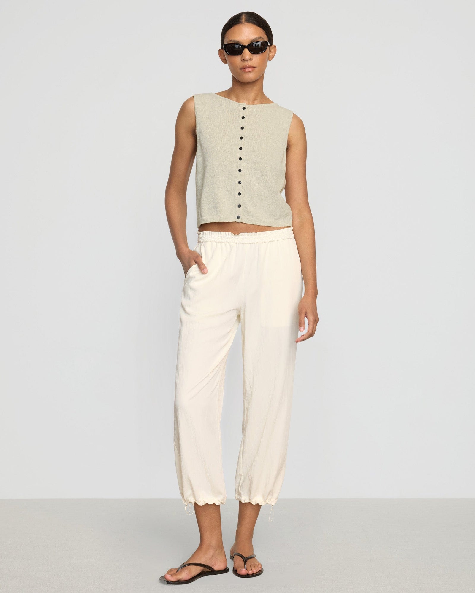Rio Drawstring Stretch-Waist Pant | Cream
