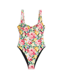 Ruched Cup Vintage Roses One Piece | Black