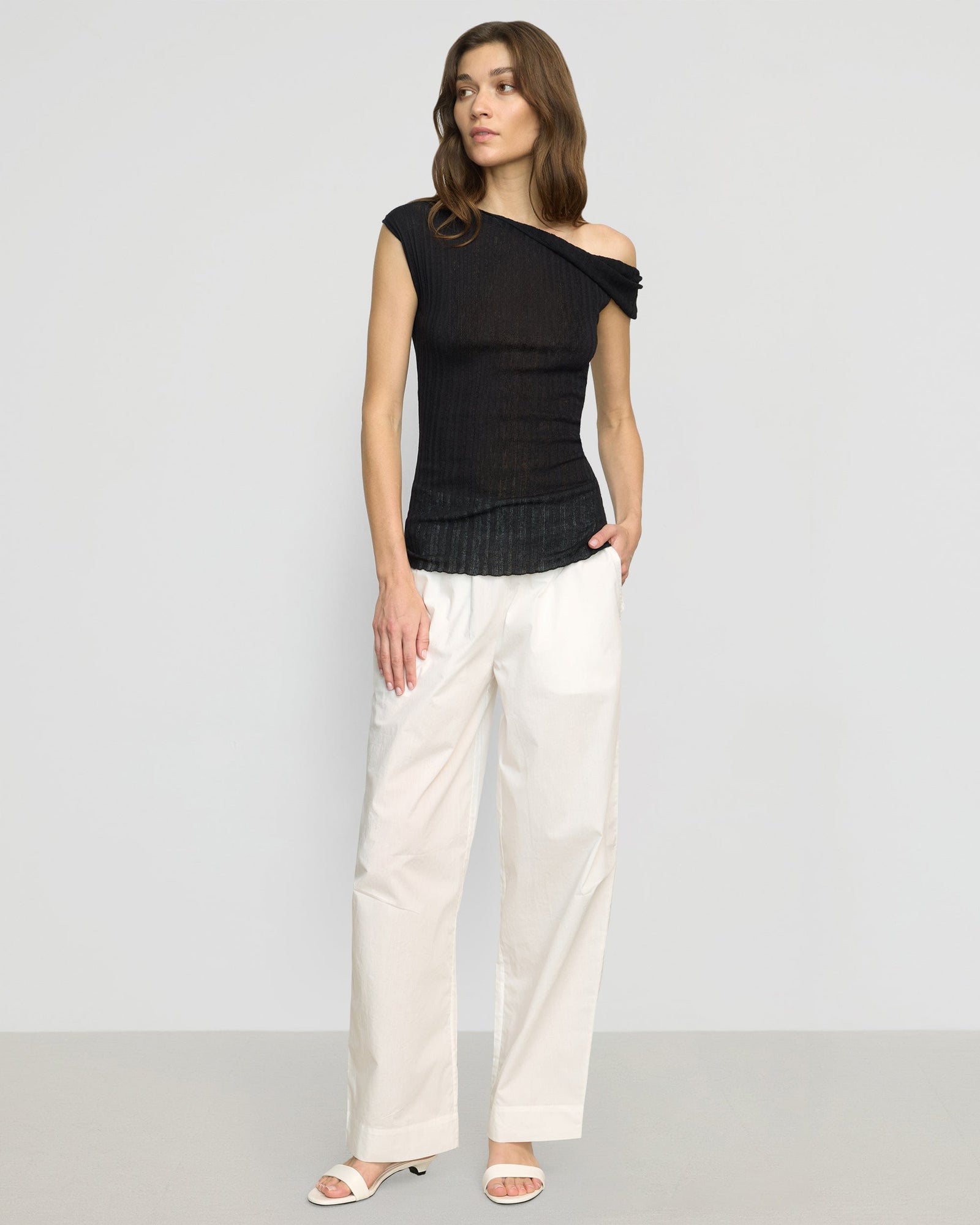 Saba Off-Shoulder Semi-Sheer Knit Top | Black