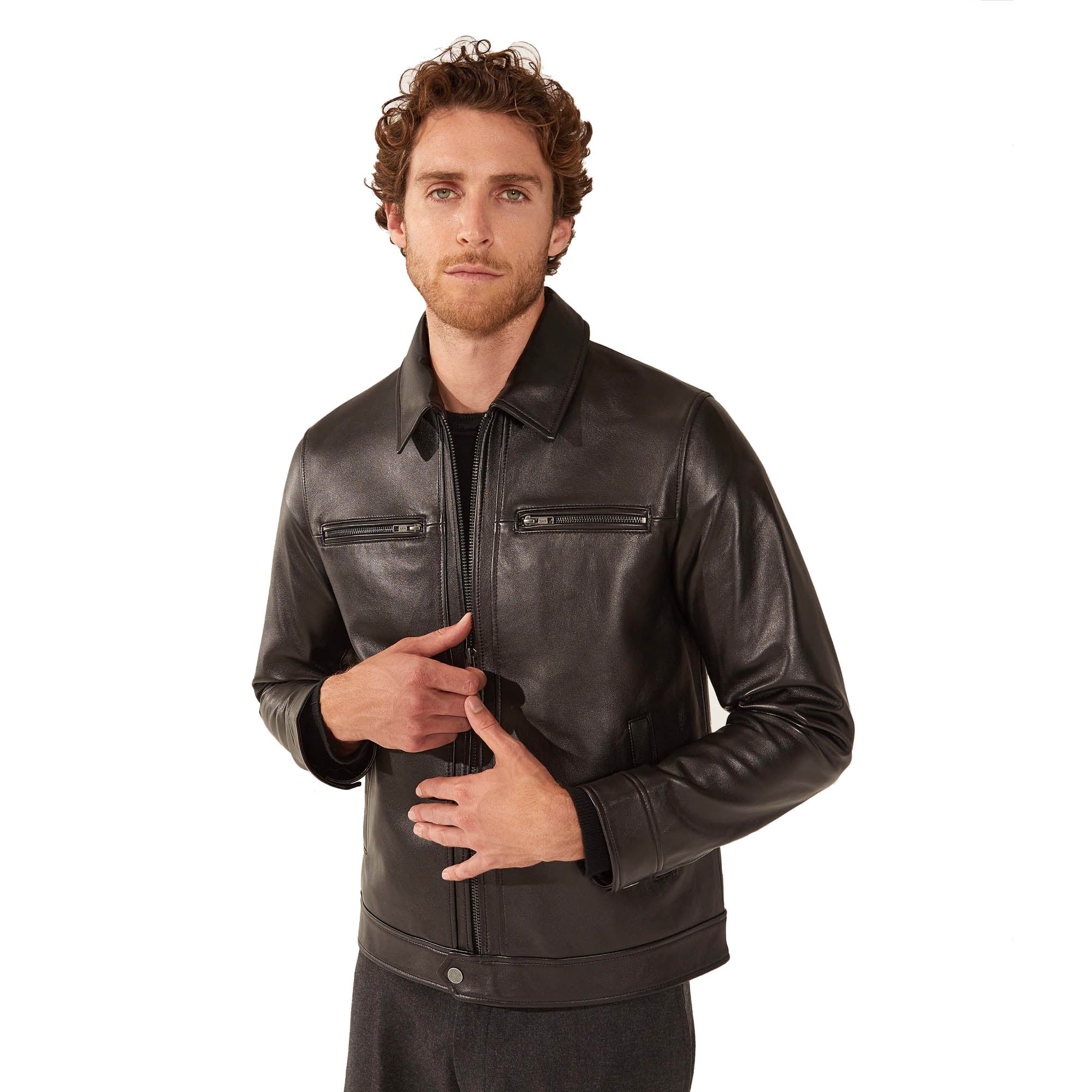 Santino Collared Zip Lambskin Leather Jacket | Black | Mens