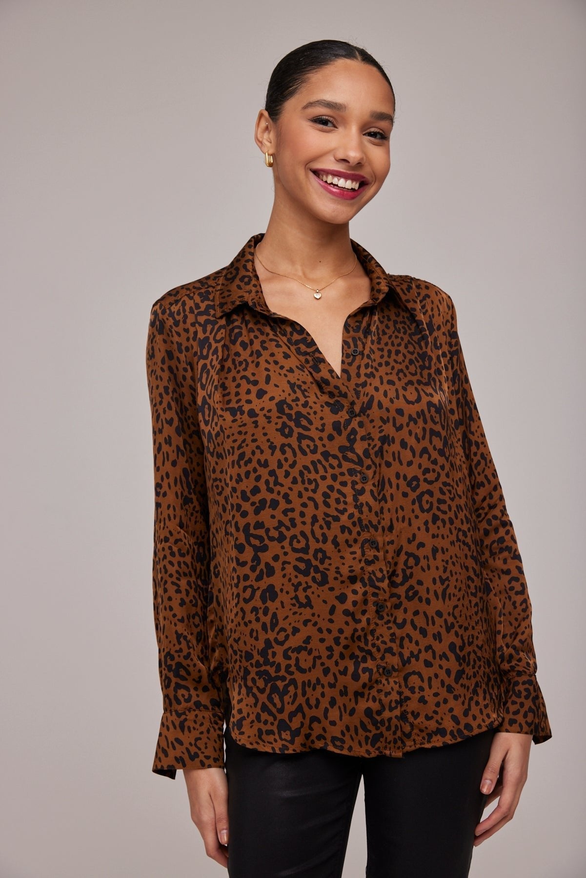 Pleated Button Down Shirt - Gold Spots Print