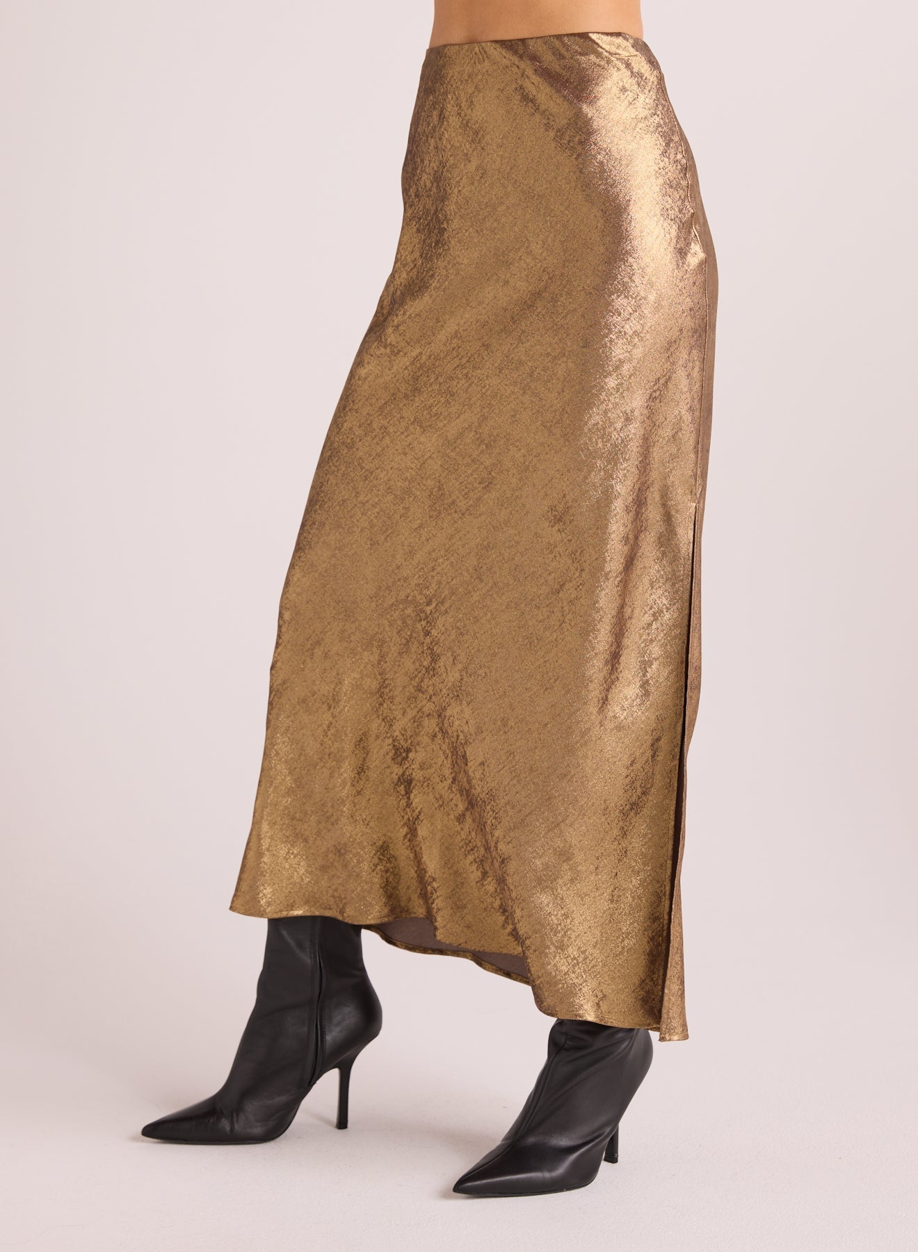 Side Slit Bias Maxi Skirt | Gold Metallic