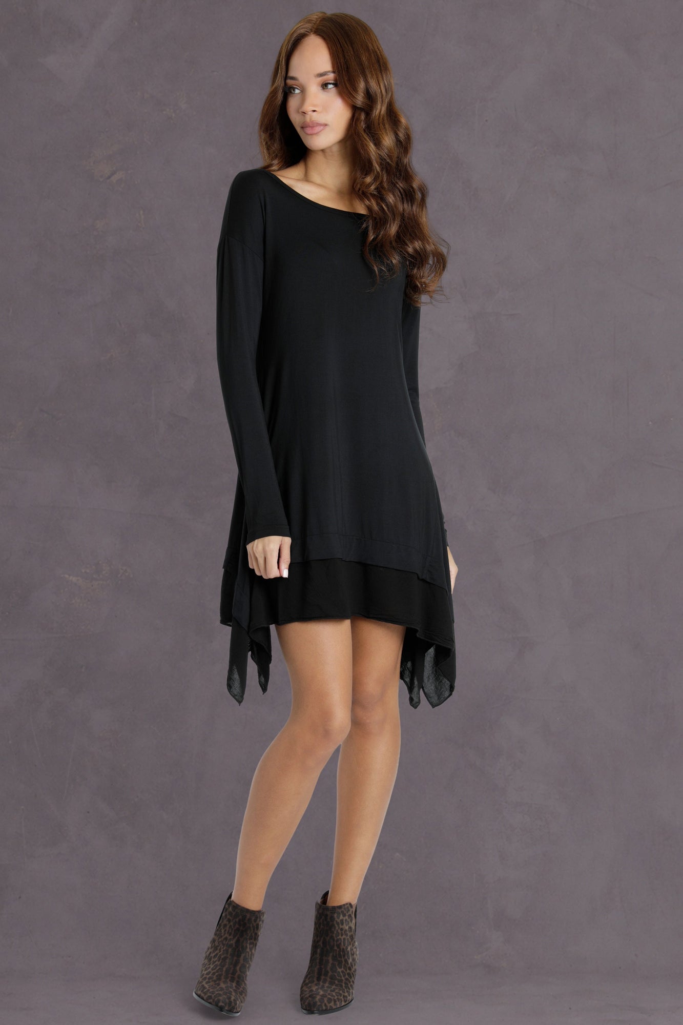 Women | Long Sleeve Handkerchief Hem Dress | Black