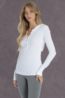 Women | Long Fitted Henley Hoodie Tee | White