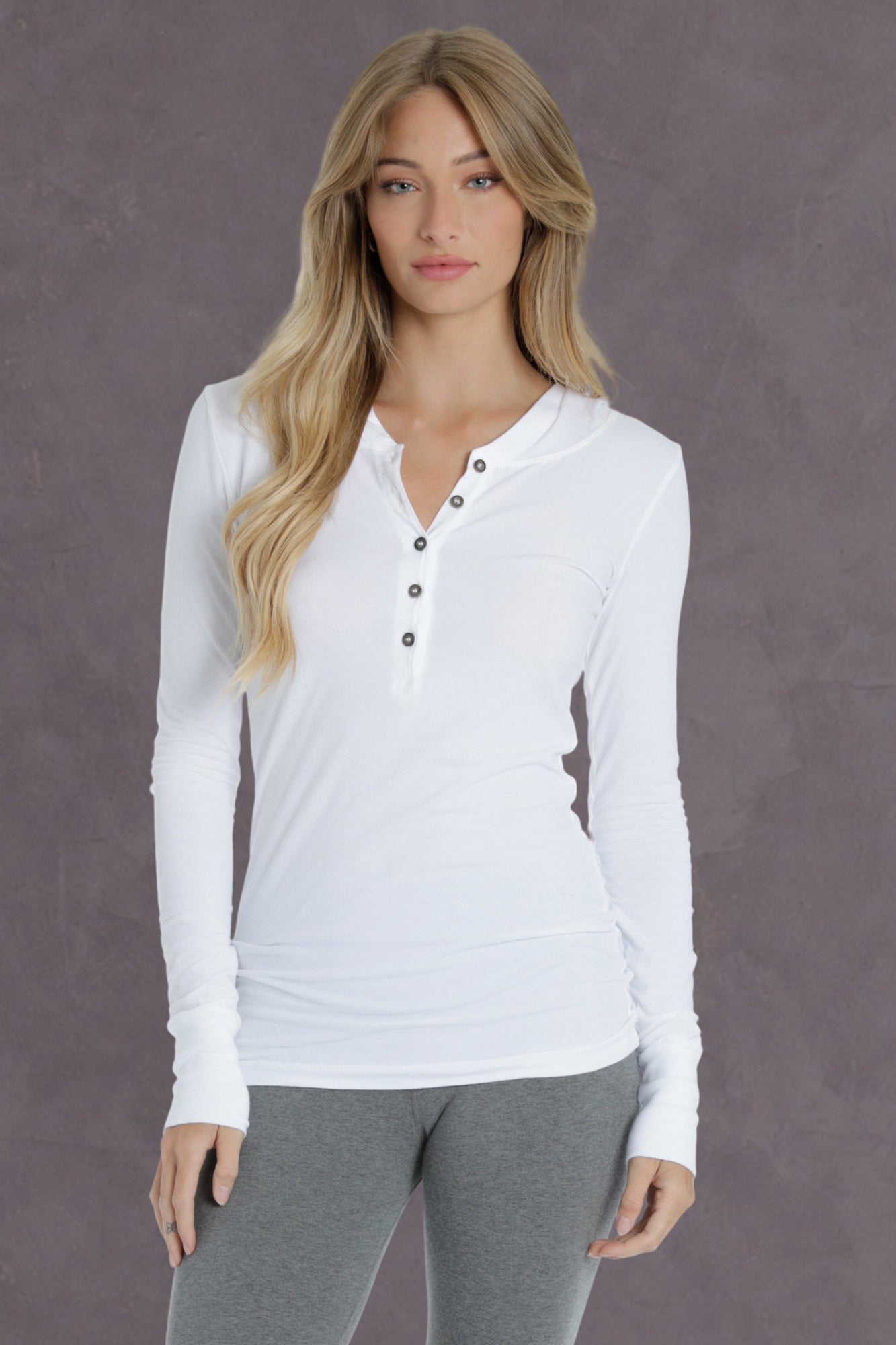 Women | Long Fitted Henley Hoodie Tee | White