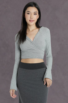 Women | Bell Sleeve Hooded Tie Front Wrap | Heather Gray