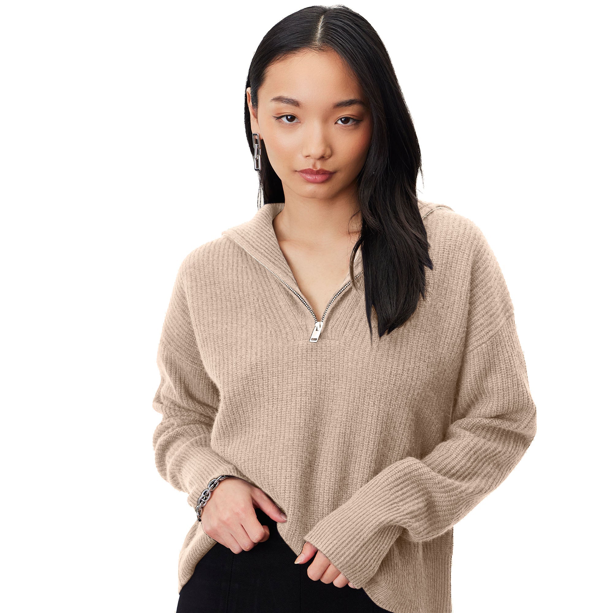 Sophia Chunky Cashmere Quarter Zip Pullover | Brown | Womens