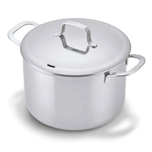 Stainless steel 8-quart stock pot with lid and side handles on white background