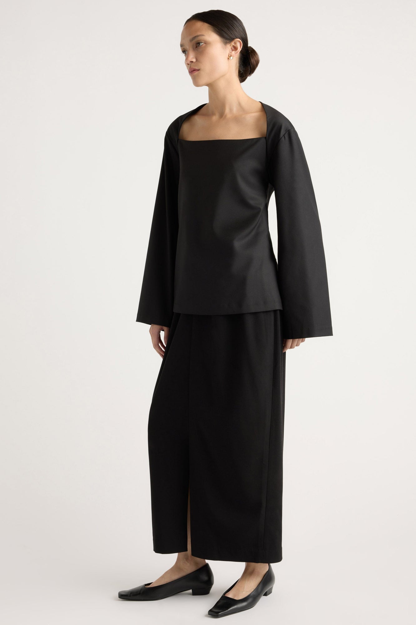Tatiana Wide-Neck Flare-Sleeve Blouse | Black
