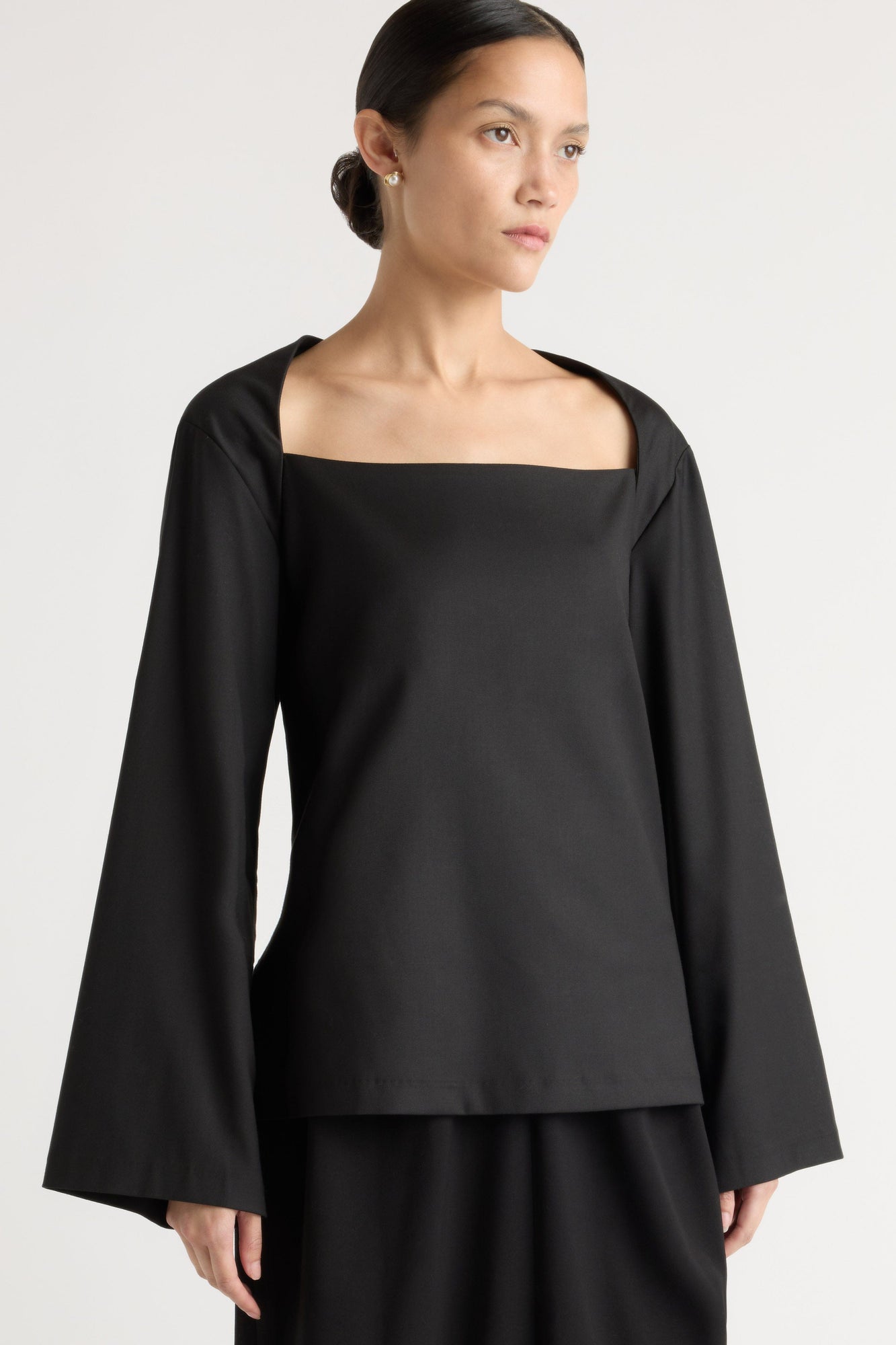 Tatiana Wide-Neck Flare-Sleeve Blouse | Black