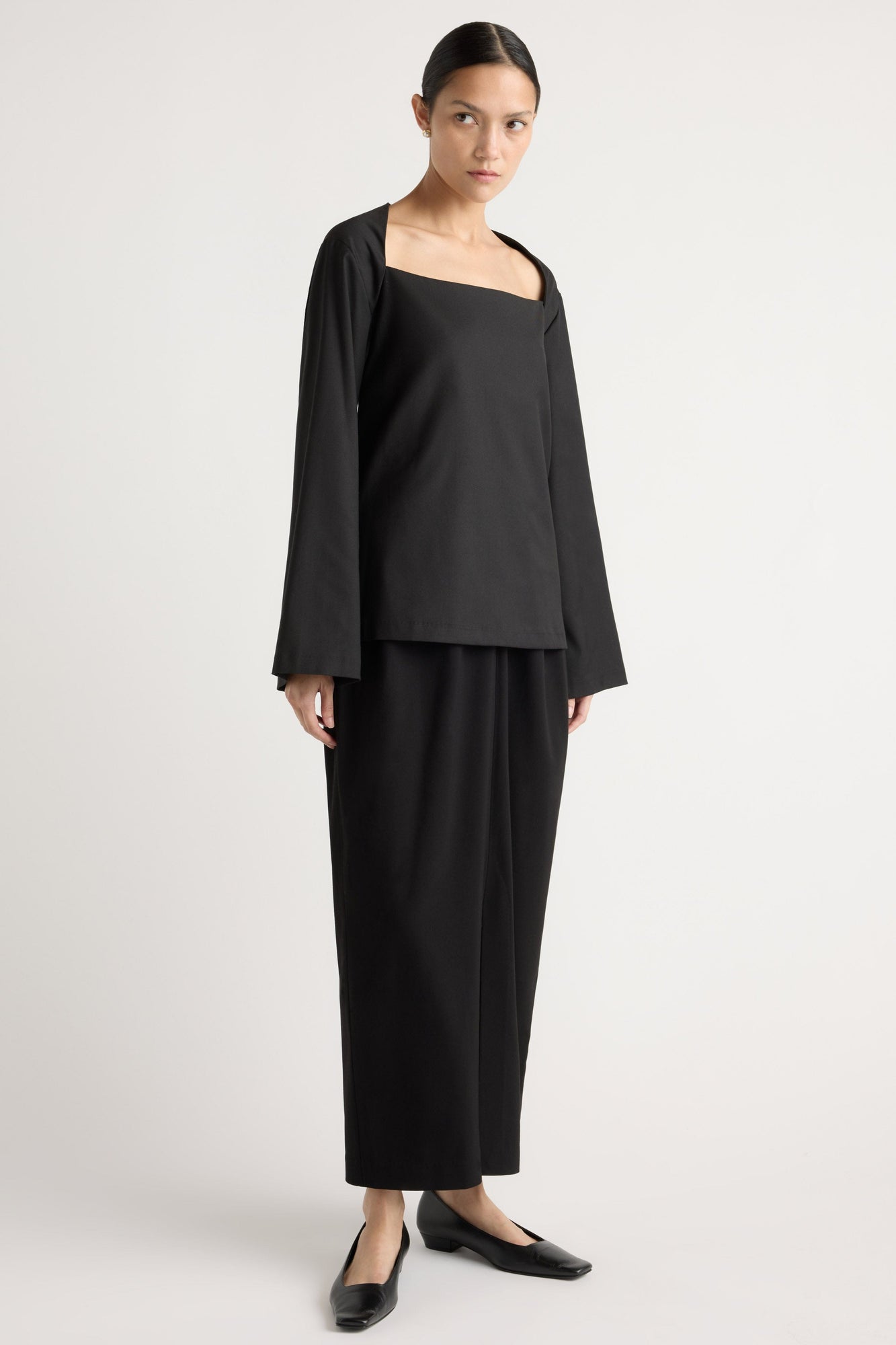 Tatiana Wide-Neck Flare-Sleeve Blouse | Black