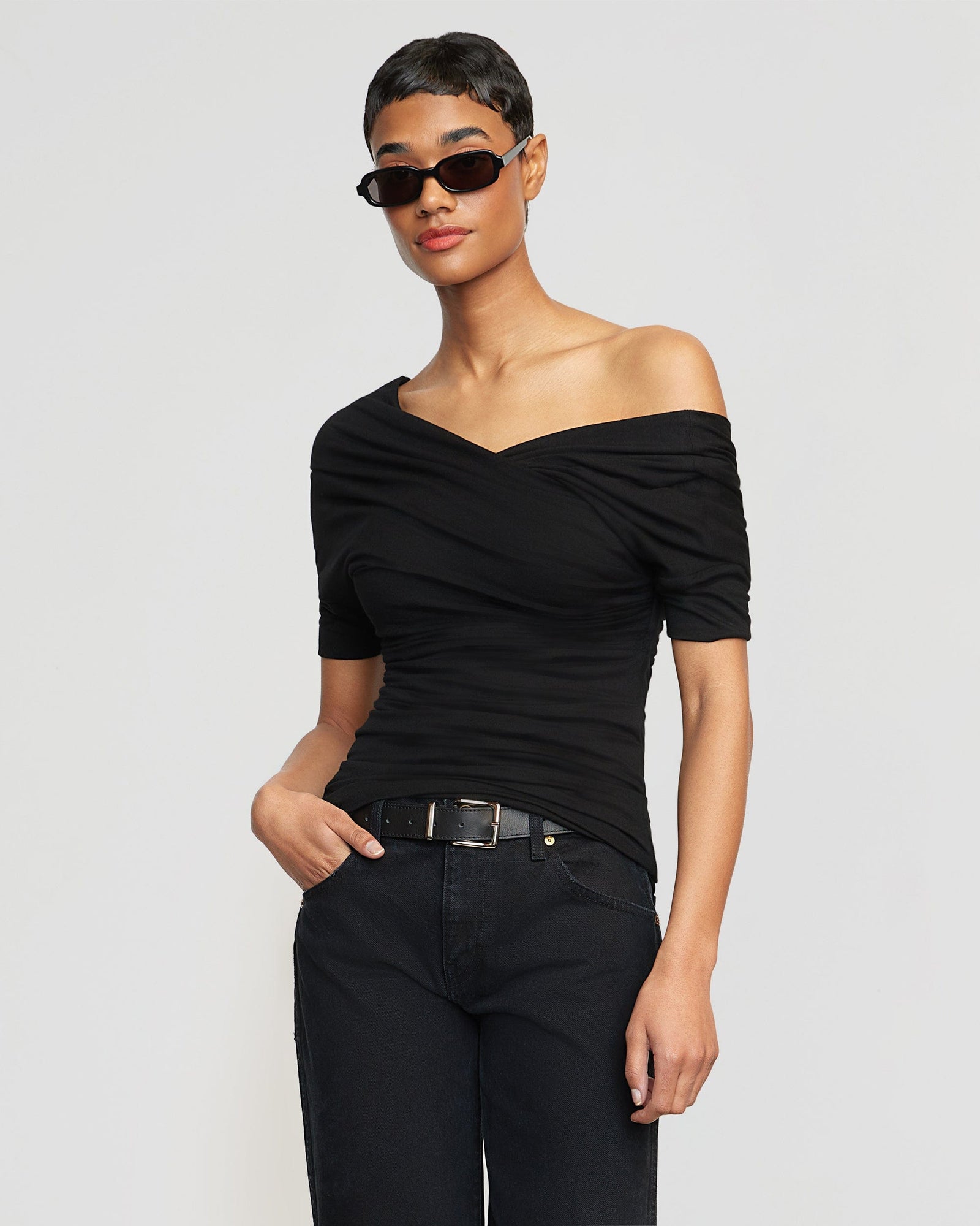 Thalia Ruched Off-Shoulder Tee | Black