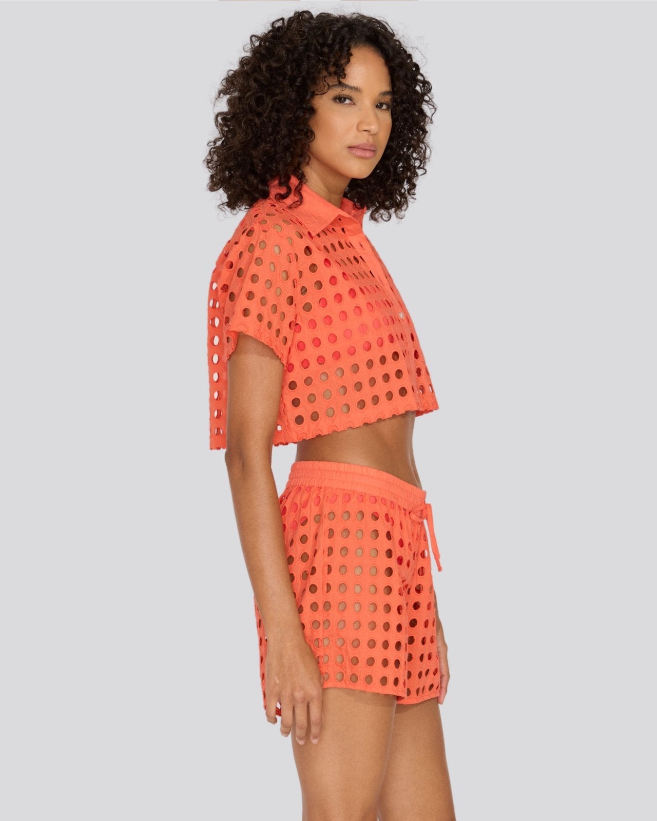 Women | Eyelet Cropped Cabana Shirt | Hot Coral