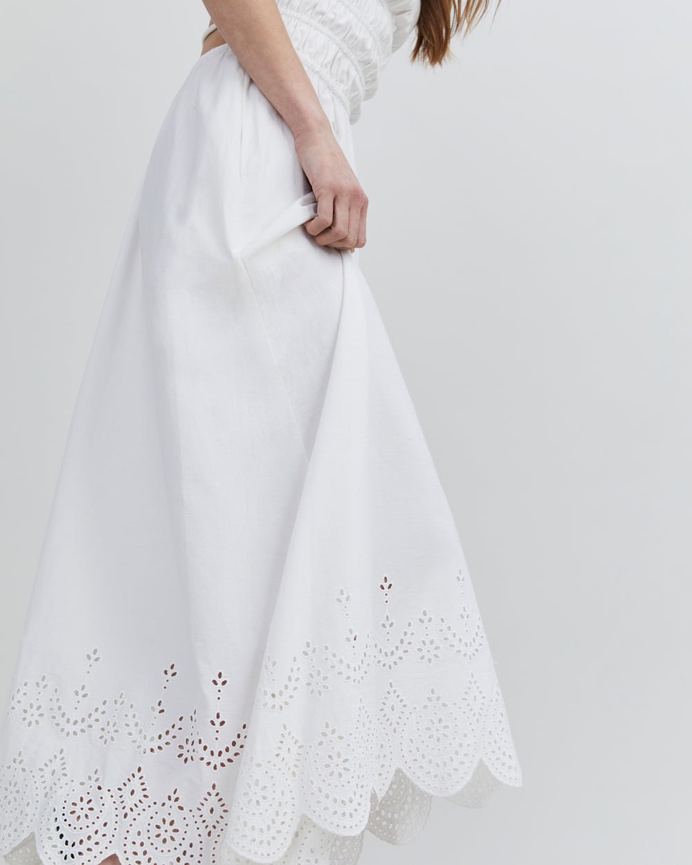 delta midi dress solid and striped The Eyelet Delta Midi Dress in Optic White