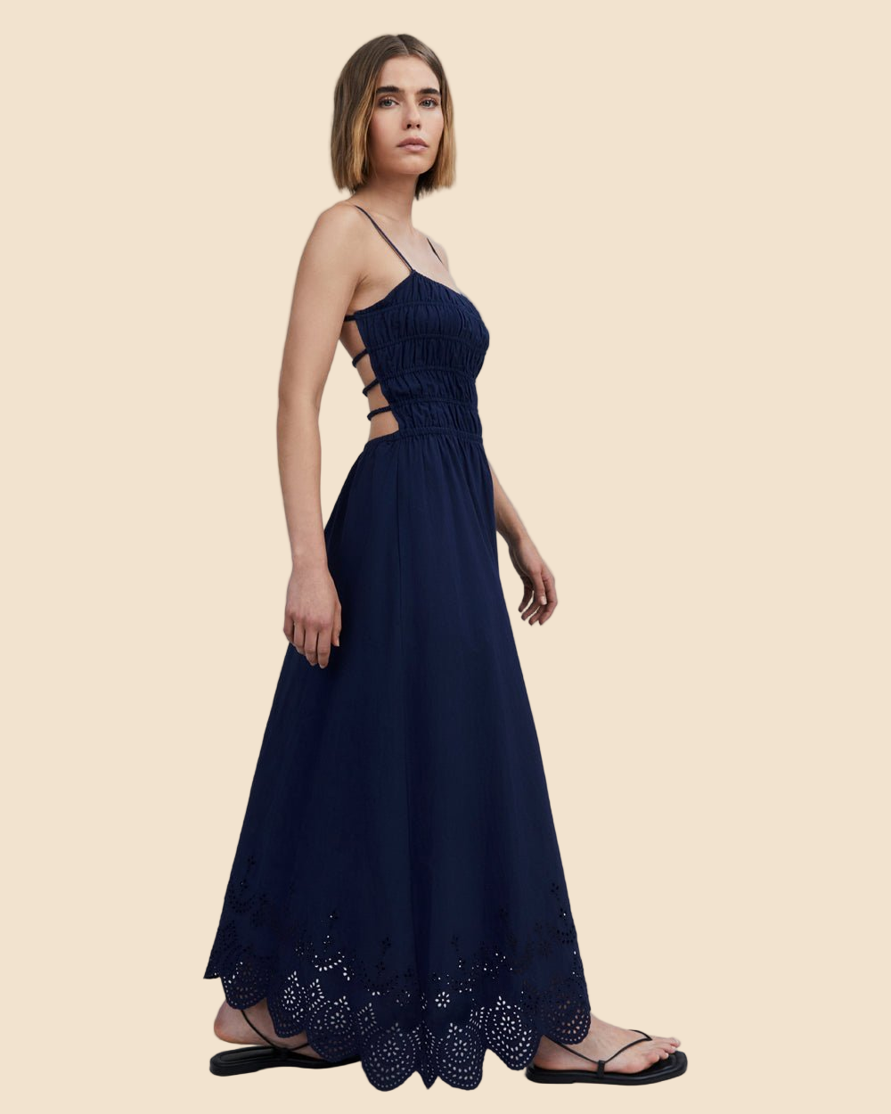 The Eyelet Delta Midi Dress in French Navy