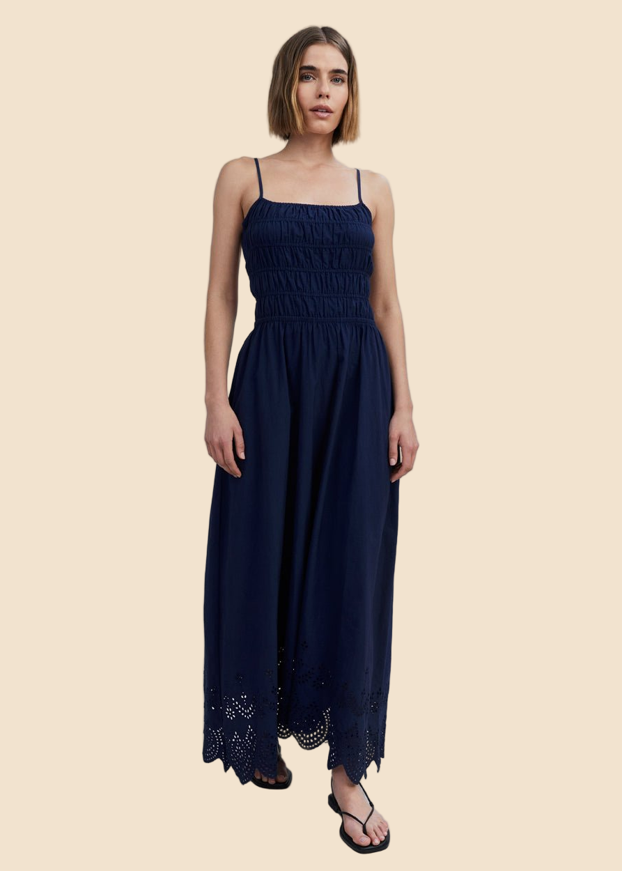 The Eyelet Delta Midi Dress in French Navy