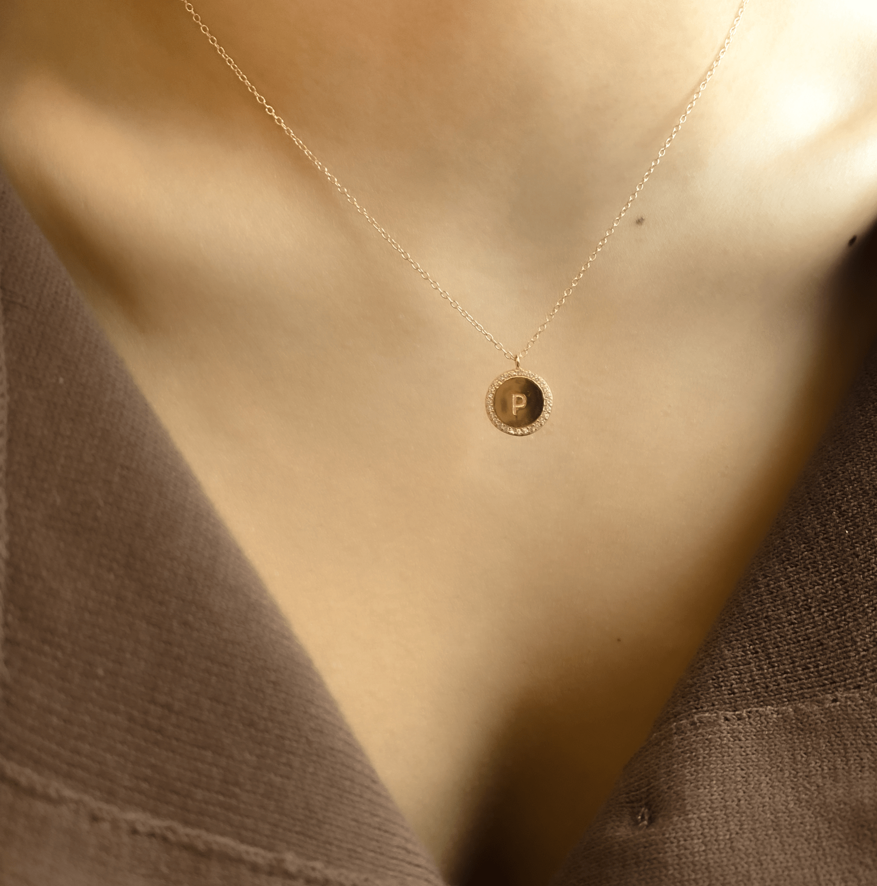 The Block Pave Initial Disc Necklace | Gold Vermeil