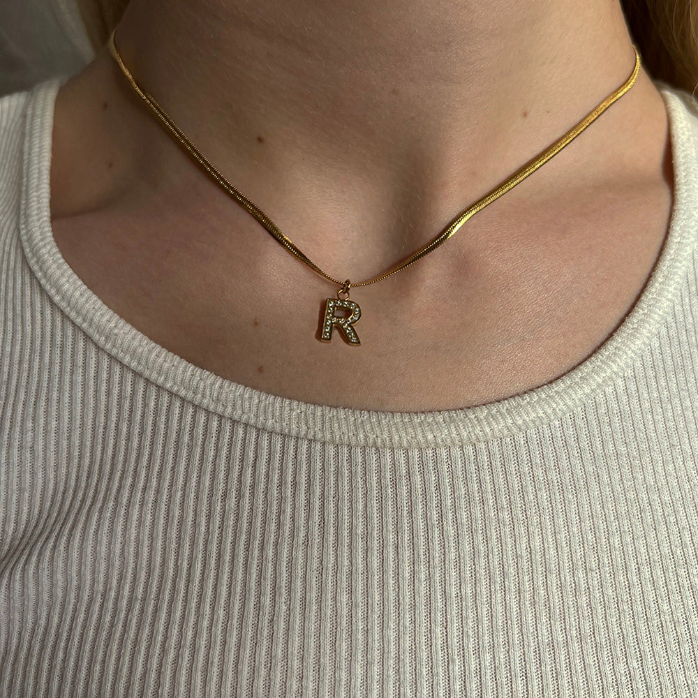 The Large Herringbone Pave Initial Necklace | Gold