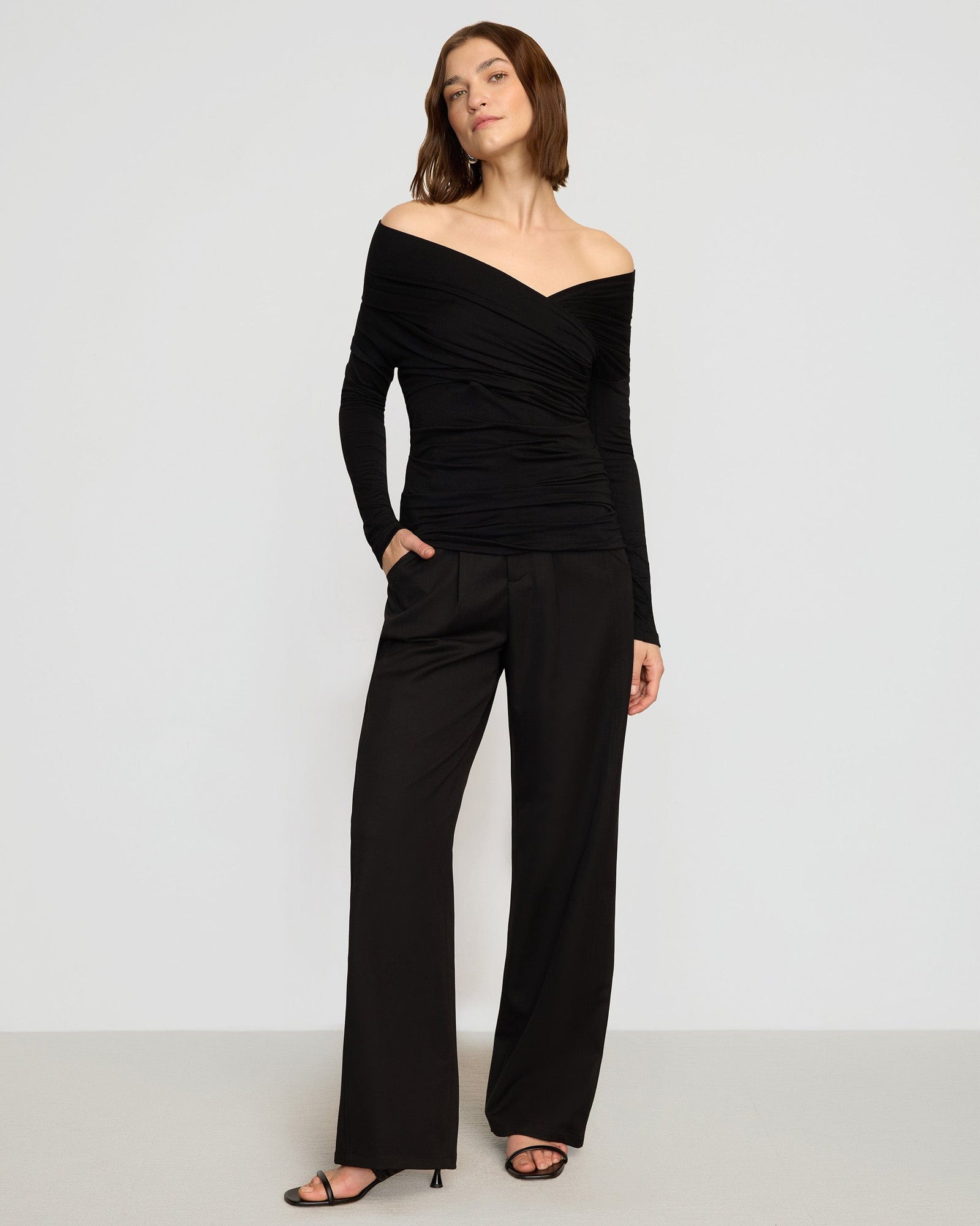 Theresa Ruched Off-Shoulder Long-Sleeve Tee | Black