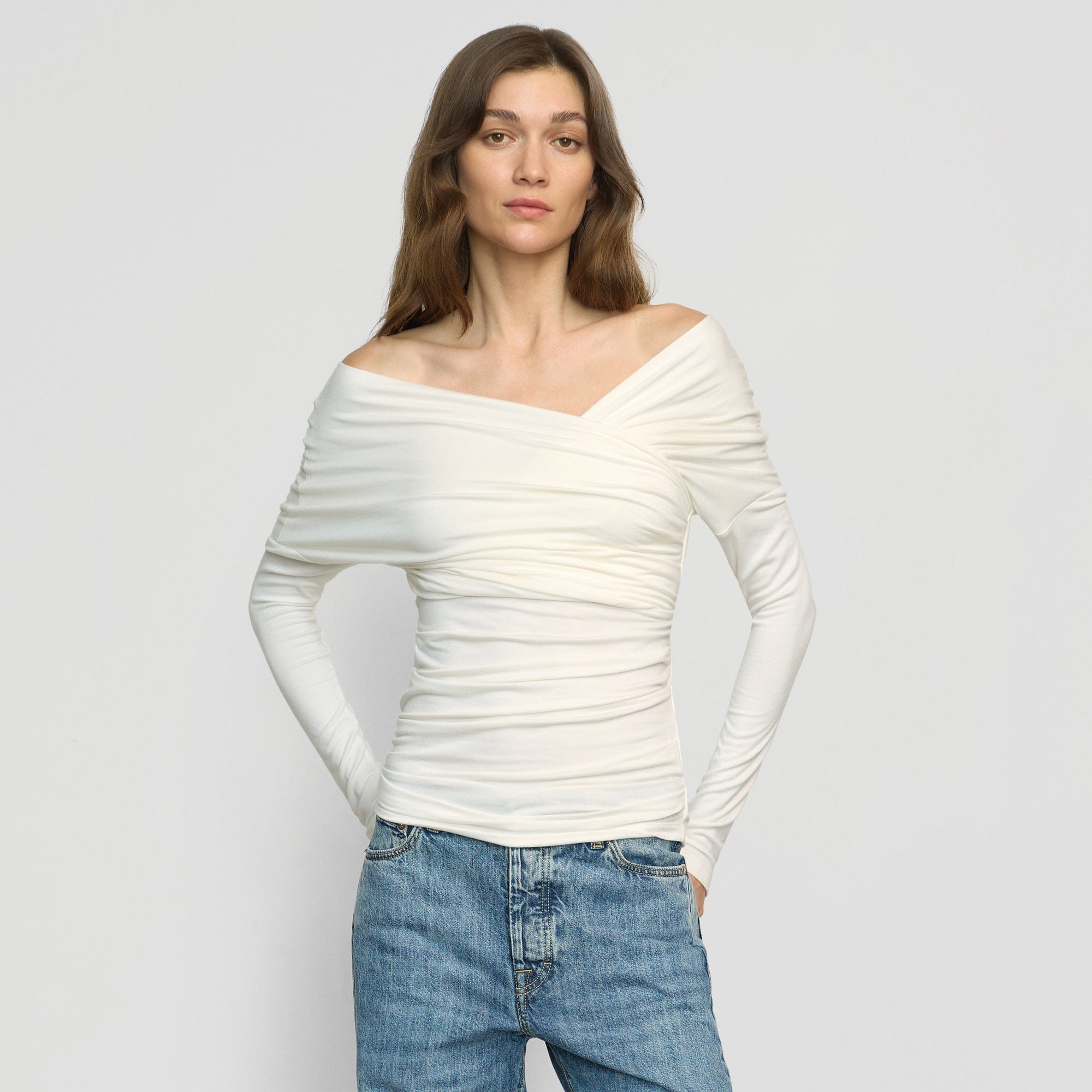 Theresa Ruched Off-Shoulder Long-Sleeve Tee | Cream