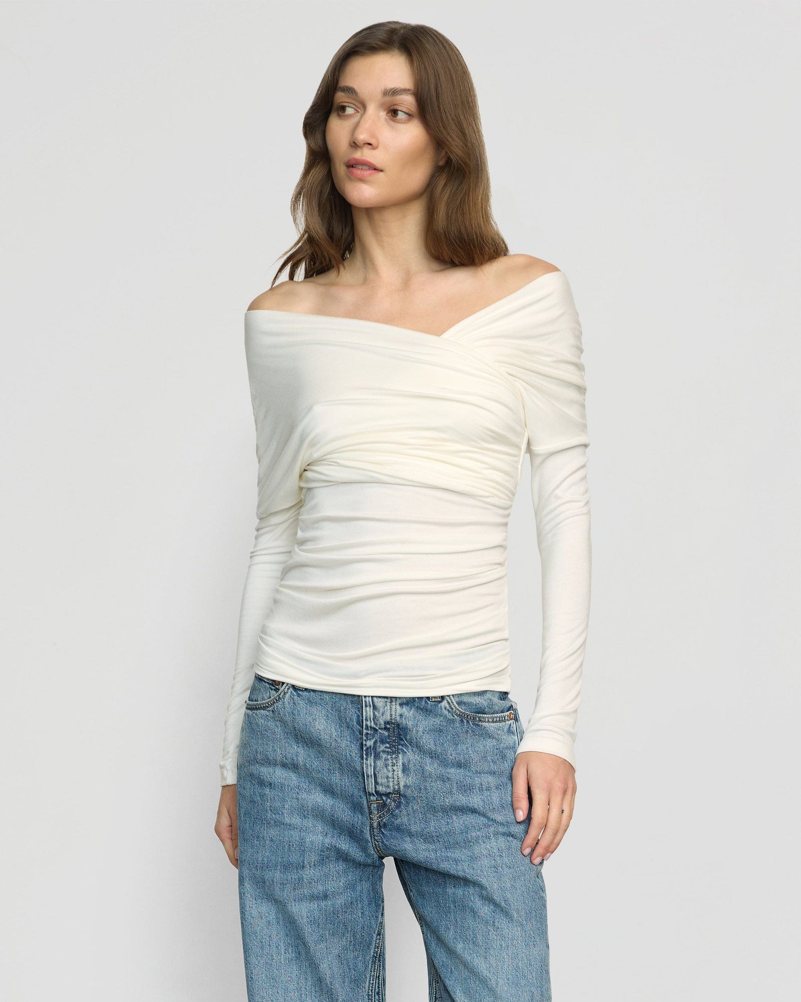 Theresa Ruched Off-Shoulder Long-Sleeve Tee | Cream