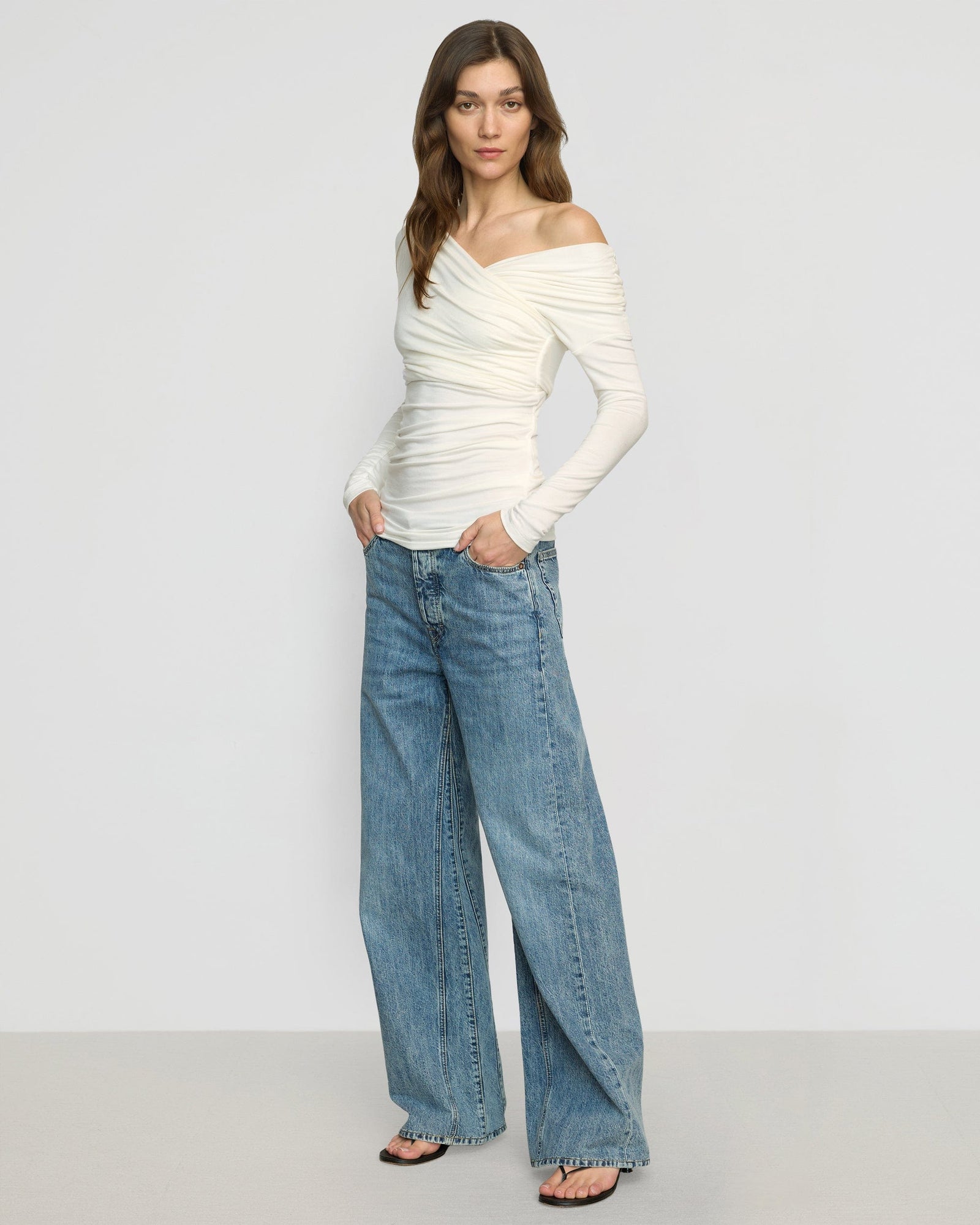 Theresa Ruched Off-Shoulder Long-Sleeve Tee | Cream