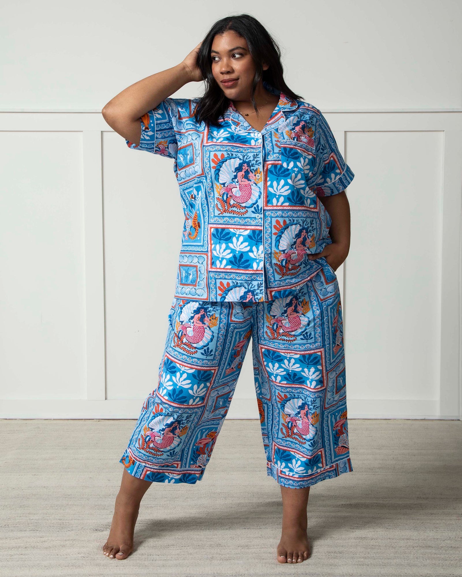 Short Sleeve Top & Cropped Pants Set | Tidal Tapestry - Saltwater Blue
