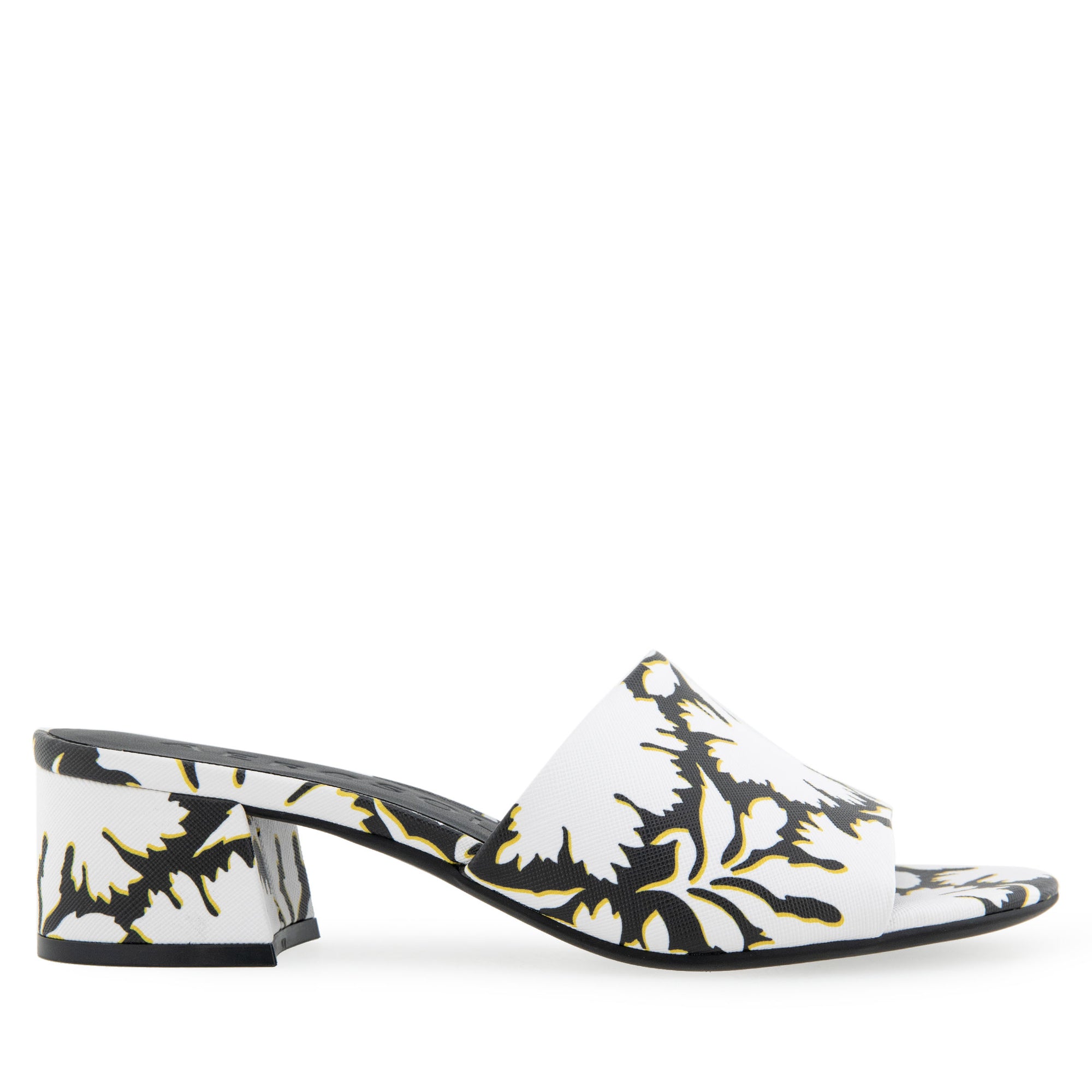 Como Sandal Block Heel | Bright White/Black Printed Floral Faux Leather Saffiano