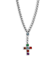 silver cross lariat necklace with colored stones