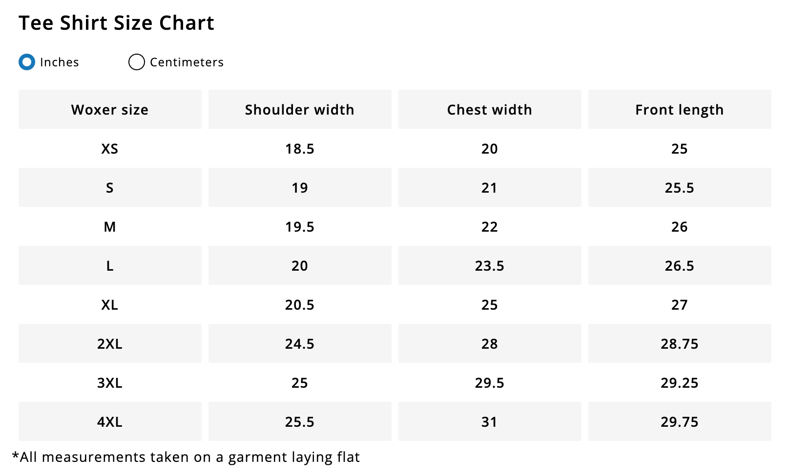 Product size guide